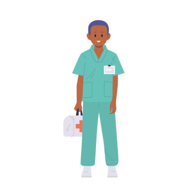 Beyaz arka planda izole edilmiş tıbbi ilk yardım çantası vektör illüstrasyonu taşıyan çocuk sağlık görevlisi çizgi film karakteri. Çocuk mesleği, ekipmanlı sağlık personeli profesyonel mesleği