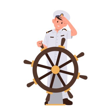 Erkek gemi kaptanı çocuk çizgi film karakteri, beyaz arka planda izole edilmiş selamlama jesti ile tahta miğfer başında duruyor. Çocuk dümeni, donanma kaptanı veya vektör çizimi