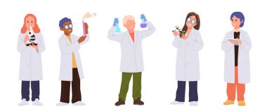 Mutlu deneyimli çocuk çizgi film karakterleri bilim mesleğini seviyorlar. Beyazlar üzerinde izole edilmiş kimya deneyleri yapıyorlar. Erkek ve kız bilim adamları deney tüpleri, deney tüpleri vektör çizimleriyle