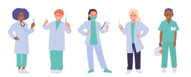 Mutlu şirin çocuklar profesyonel doktorlar beyaz arka planda izole edilmiş üniforma giyen tıbbi karakterler. Sevimli küçük çocuklar anaokulu personeli sağlık çalışanları vektör çizimi