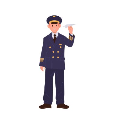 Mutlu çocuk çocuk yüzbaşı uçak pilotu çizgi film karakteri beyaz arka planda tek başına duruyor. Şirin çocuk uçak, profesyonel personel vektör çizimi. Takım elbiseli küçük bir havacı.