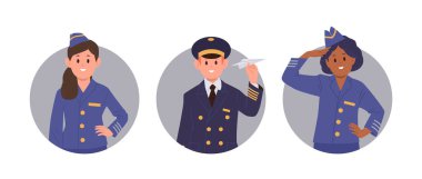 Pilot, hostes, beyaz arkaplanda izole edilmiş çizgi film karakterleri olan çocuk uçak ekibi. Sevimli oğlan ve kız yolcu uçağı ekibi yuvarlak kompozisyon seti. Çocuk havayolu işçileri vektör illüstrasyonu