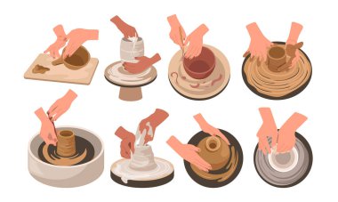 Bir grup erkek ve kadın karikatür çömlekçisi el yapımı çanak çömlek kapları, seramik atölyesinde seramik atölyesi ekipman çizimi, beyaz arka planda izole edilmiş çömlek malzemesi çizimi.