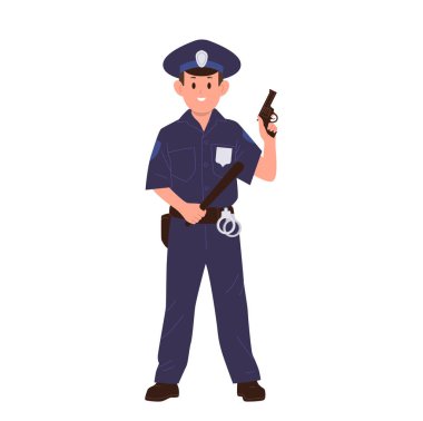 Gülümseyen zeki çocuk polis memuru beyaz arka planda duran suçluların peşine düşmeye hazır silah ve kelepçeli çizgi film karakterlerini izole etti. Silah vektörü illüstrasyonundaki sevimli çocuk polis.