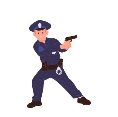 Mutlu küçük çocuk polis memuru üniforma giyen cesur polis karakteri ve beyaz arka planda izole edilmiş tabancayla poz veren polis şapkası. Çocuk mesleği ve iş hayatı kavramı
