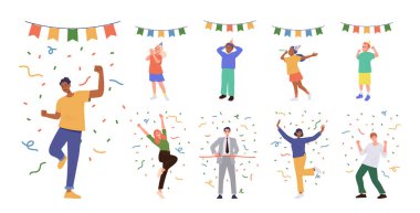 Mutlu yetişkinler ve çocuklar çizgi film karakterleri doğum günü partisini ya da tatil etkinliğini kutluyor. Konfeti altında dans eden, neşeli şapkalı ve elbiseli insanlar izole edilmiş vektör illüstrasyonunu kutluyorlar.