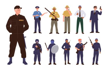 Beyaz arka planda izole edilmiş çeşitli çizgi film karakterleri, güvenlik, polis ya da güvenlik görevlileri. Polis memuru, polis memuru, ajan işçi, şerif, muhafız, kanun adamı vektörü illüstrasyonu