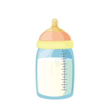 Beyaz arka planda izole edilmiş sıvı lateks emziği ile beslenen yeni doğan bebek için cam ya da plastik süt şişesi. Çocuk oyuncakları çizgi film tarzında tek nesne vektör çizimi