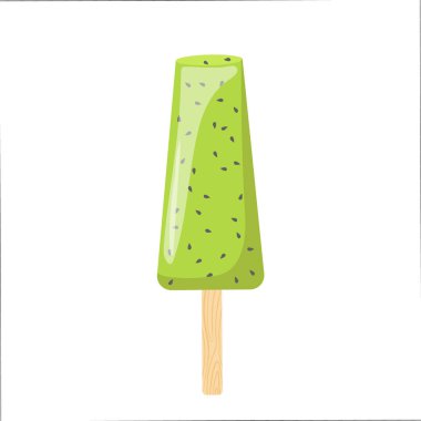 Donmuş kivi suyu buzlu dondurma beyaz arka planda izole edilmiş tahta çubuk çizgi film dizaynı. Yaz ferahlatıcı meyve çerezi vektör çizimi. Kafe menüsü lezzetli tatlı konsepti sundu