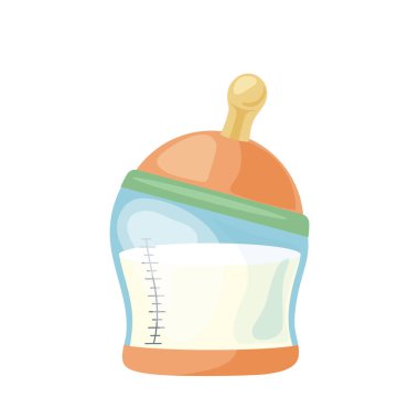 Silikon meme ucu bebek bakım aksesuarlı süt şişesi beyaz arka planda izole edilmiş yeni doğan vektör illüstrasyonunu beslemek için. İçeceği olan tek bir hemşire ürünü, bebek için besleyici bir alet.