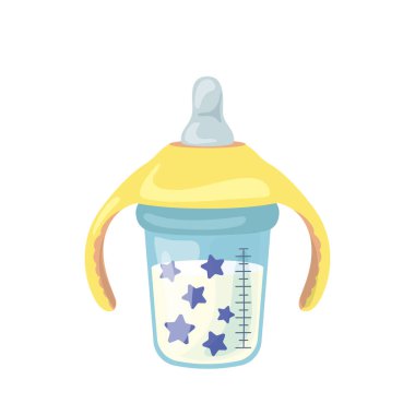 Beyaz arka planda izole edilmiş yeni doğan bebeği beslemek için lateks meme ucu ve plastik saplı süt şişesi. Küçük çocuk aksesuar besleme hacim ölçümü ve şirin tasarım vektörü illüstrasyonu