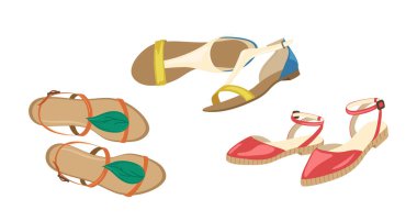 Şık bayan sandaletleri moda kıyafet ayakkabı koleksiyonu. Yaz sezonu için renkli rahat ayakkabılar beyaz arka planda izole edilmiş. Zarif ve sıradan kadın ayakkabıları vektör illüstrasyonu
