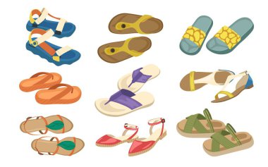 Yazlık terlikler, sandaletler, sandaletler plaj ayakkabısı aksesuarları beyaz arka planda izole edilmiş. Rahat yürümek için günlük çizgi film kıyafetleri, bir çift kadın ayakkabı vektör çizimi