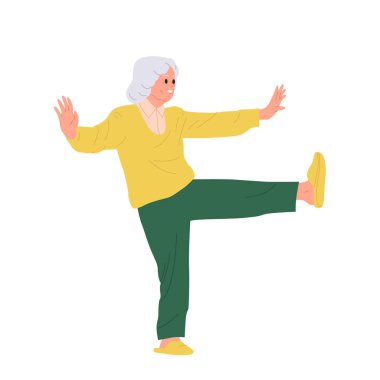 Huzurlu, olgun, emekli kadın karakter Tai Chi sağlık tekniği uyguluyor. Tek bacağı dengede duruyor. Sakin ol yaşlı kadın geleneksel dövüş sanatları eğitim vektörü illüstrasyonu