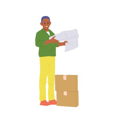 Genç adam çizgi film karakteri beyaz arka planda izole edilmiş baloncuk ambalajlı güvenlik filmi kullanarak karton kutulara bir şeyler paketliyor. Yer değiştirme, taşınma, ofis vektör çizimi değiştirme