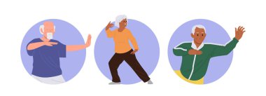 Tai Chi geleneksel Çin dövüş sanatları tekniği uygulayan mutlu, sağlıklı, aktif bir kadın ve erkek kompozisyon seti. Yaşlılar için fitness sınıfı spor kursu.