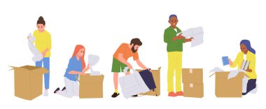 İnsanlar karikatür karakterleri paketleme ya da boşaltma için balonlu film ve beyaz karton kutular kullanırlar. Kadın ve erkek hareket eden konum vektörü çizimine hazırlanıyor