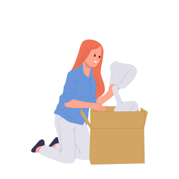 Young woman cartoon character putting packed lamp in safety bubble wrap into cardboard box isolated on white background. House leaving, relocation and home moving experience vector illustration