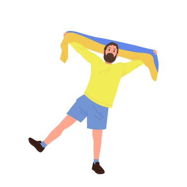 Mutlu Ukraynalı futbol fanatik erkek karakter zevkle dans ediyor. Başında iki renkli ulusal bayrak var. Favori takımı destekliyor ve galibiyeti kutluyor.