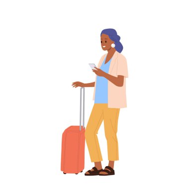 Bavul taşıyan genç kadın turist çizgi film karakteri ücretsiz otel numarasını kontrol etmek için internet rezervasyon uygulaması aracılığıyla cep telefonu kullanıyor. Beyaz arka planda izole edilmiş vektör çizimi.