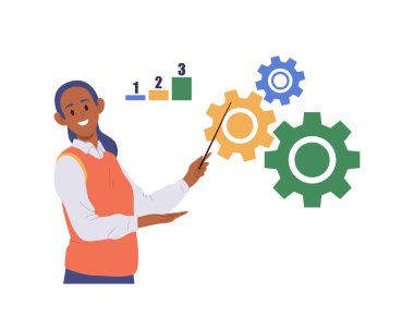 Mutlu gülümseyen iş kadını çizgi film karakteri iş dişlisi dişli tekerlerini karşılaştırarak kriterleme işlemi yaparak endüstri standartlarını ve verimliliği izole edilmiş vektör çizimlerini ölçüyor.