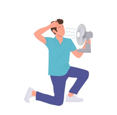 Yorgun, terli adam çizgi film karakteri beyaz arka planda izole edilmiş hava üfleyici pervanesiyle serinliyor. Evde ve dışarıda yüksek sıcaklık, havalandırma aygıtı illüstrasyonu ile ferahlatıcı