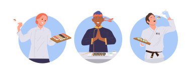 Profesyonel suşi ustası şef çizgi film karakteri ile izole edilmiş yuvarlak Avatar kompozisyonu. Doğu restoranı, Asya menüsü ve ulusal mutfak sunumu reklam vektörü illüstrasyonu