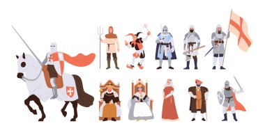 Ortaçağ insanları, karikatür kralı, kraliçesi, şövalye savaşçısı, saray aristokratı, rahibe, soytarı karakterleri beyaz arka planda izole edilmiş. Geleneksel kostüm toplama vektörü illüstrasyonunda tarih insanı