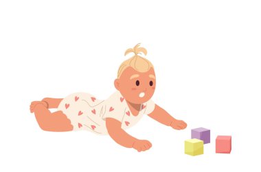 Sevimli, aktif, yeni doğmuş bebek çizgi film karakteri. Beyazlar üzerinde izole edilmiş yapı taşlarıyla oynarken kendini neşeli hissediyor. Sağlıklı, tapılası, küçük bebek vektör çizimi. Masumiyet kavramı