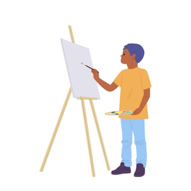 Genç erkek sanatçı karikatür karakteri çizimi tuval vektör illüstrasyonunda resim oluşturuyor. Beyaz arka planda izole edilmiş sehpada boyaları olan yetenekli çocuk çizimi. Yaratıcı çocuk hobisi