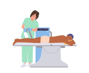 Erkek müşteri çizgi film karakteri lazer saç temizleme salonunu ziyaret ederek beyaz arka planda izole edilmiş epilasyon prosedürü vektör illüstrasyonunu alıyor. Klinikte estetik tıp, cilt bakımı
