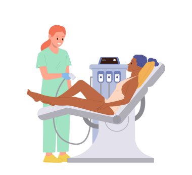 Rahatlamış kadın müşteri çizgi film karakteri saç çıkarma prosedürü çizimi için kozmetik salonunu ziyaret ediyor. Hassas cilt ve estetik ilaçlar için güzellik ve vücut bakımı