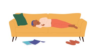 Beyaz arka planda izole edilmiş ev vektör illüstrasyonunda uyuyan sevimli, tembel çocuk çizgi film karakteri. Uykucu çocuk kanepede uzanıp uyukluyor ve oyalanmanın tadını çıkarıyor.