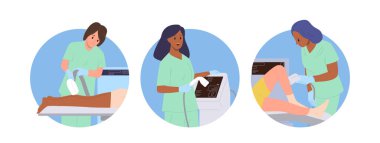 Kadın kozmetikçinin spa salonu vektör illüstrasyonunda saç çıkarma makinesi üzerinde çalıştığı izole edilmiş yuvarlak kompozisyon seti. Kozmetoloji, vücut bakımı prosedürü ve estetik güzellik tedavisi reklamcılığı