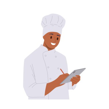 Usta şef çizgi film karakteri çevrimiçi siparişleri kontrol etmek için mobil tablet uygulaması kullanıyor ya da beyaz üzerinde izole edilmiş blog vektör illüstrasyonu için video öğretisini paylaşıyor. Aşçılık ve modern teknoloji