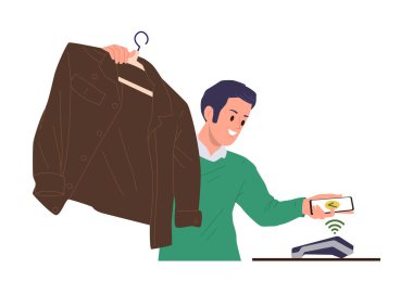 Müşteri karikatür karakteri kıyafetlerini, temassız ödeme postu terminal sistemi ve akıllı telefon izole vektör ilüstrasyonunda NFC teknolojisi kullanarak alıyor. Moda mağazasından nakitsiz alışveriş.