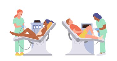 Modern kozmetoloji kliniğindeki profesyonel lazer epilasyon ofisindeki kadın ve erkek hastalar için saç çıkarma prosedürü. Kozmetik uzmanı, kadın ve erkek vektör illüstrasyonu için estetik prosedür uyguluyor