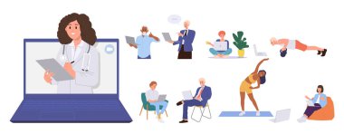 Çevrimiçi çalışan çeşitli insanlar çizgi film karakterleri, uzaktan çalışma, internet danışmanlığı, spor yapma, video konferansı düzenleme, dizüstü bilgisayar vektör ilüstrasyonunu beyaz üzerine izole etme