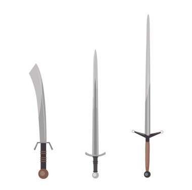 Çeşitli antika kılıçlar, askeri hançerler ve samurlar beyaz arka planda izole edilmiş orta çağ çizgi film tasarım vektör çizimleri. Geleneksel antik şövalye silahları seti.