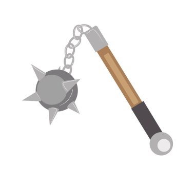 Flail teması, beyaz arka planda izole edilmiş şok edici etkisi olan esnek eklemli bıçaklı silah. Metal topun kısa ahşap kabzası, çizgi film sonundaki vektör illüstrasyonundan askıya alınır