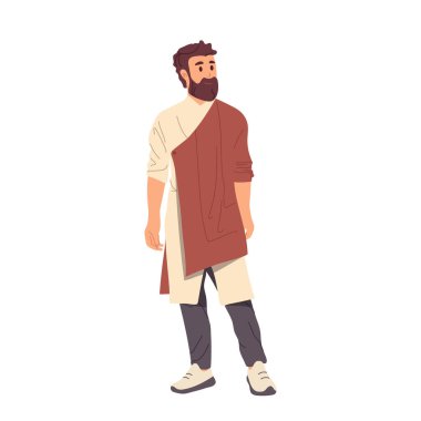 Geleneksel doğu tarzı giyinmiş, beyaz arka planda tek başına duran genç Arap çizgi film karakteri. Moda İslami Adamı, yeni modern kıyafet vektör illüstrasyonu sunar.