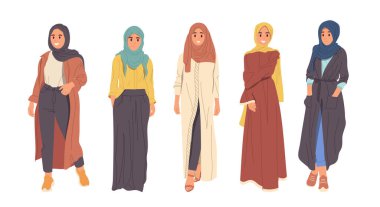 Genç Arap kadınlar, farklı doğulu moda kıyafetleri giyen karikatür karakterlerini izole ederler. Moda elbisesi ve başlık çizimi giymiş Suudi kadın şahsiyeti.