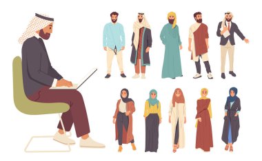 Genç Arap erkek ve kadın çizgi film karakterleri geleneksel moda kıyafetleri giyiyorlar. İş adamları ve iş kadınları, doğulu erkek ve kadın trendi vektör illüstrasyonunu belirliyor