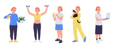 Genç çekici kadın çizgi film karakteri günlük rutin setini izole etti. Kadın kişi ev işlerini seviyor, sabah egzersizi yapıyor, sağlıklı atıştırmalıklar yiyor, çalışıyor ve kedi vektör resimlerini okşuyor.