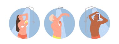 Mutlu çizgi film karakterlerinin tuvalet malzemeleriyle duş aldığı izole edilmiş yuvarlak kompozisyon seti. Genç adam ve kadın vücudu yıkıyor, saçlarını temizliyor rahat ve tatmin olmuş vektör çizimleri yapıyorlar.