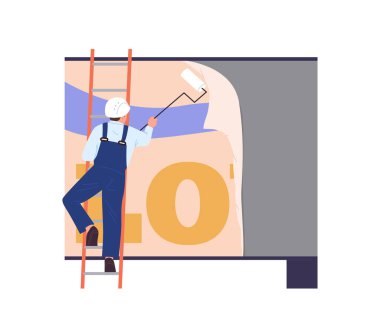 Yüksek basamaklı işçi erkek karikatür karakteri beyaz arka planda izole edilmiş tehlikeli işler yapan ilan panolarını yapıştırıyor. Üniformalı adam çan kulesi çizimi çalışıyor.