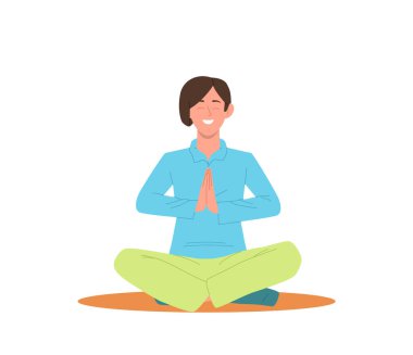 Sakin gülümseyen adam çizgi film karakteri meditasyon yapıyor denge kuruyor ve akıl sağlığı yerinde oturuyor Namaste Mudra 'da el ele oturuyor, beyaz arka planda izole edilmiş vektör çizimi.