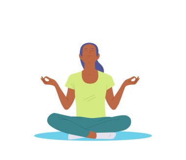 Rahat kadın çizgi film karakteri sevgi, bağışlama ve minnettarlığa kalbini açarak meditasyon yapıyor. Genç, gülümseyen barışçıl kız iyi hisler ve farkındalık yaratarak vektör çizimini aşırı düşünmeyi durdurdu.