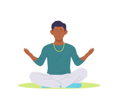 Sakin adam çizgi film karakteri meditasyon yapıyor. Uyum ve farkındalık yaratıyor. Nilüfer pozisyonunda ruhun huzurunu hissediyor. Zihinsel ve bedensel denge ruhsal denge, farkındalık ve rahatlama vektör çizimi