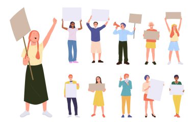 Siyasi protesto veya hak koruma yürüyüşüne, propaganda toplantısına ya da beyazlara izole edilmiş öğrenci grev vektör ilüstrasyonuna pankart boş pankart taşıyan çizgi film karakterleri yerleştirildi